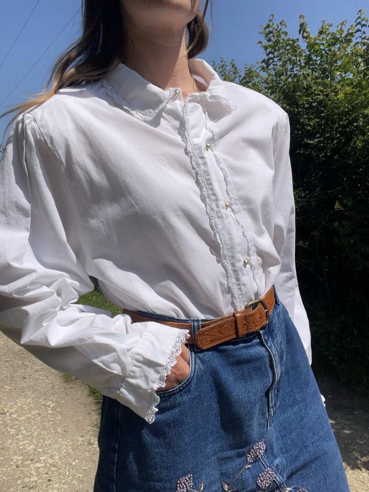 Vintage Size XL 12-16 White Lace Embroidered Cotton Peasant Shirt