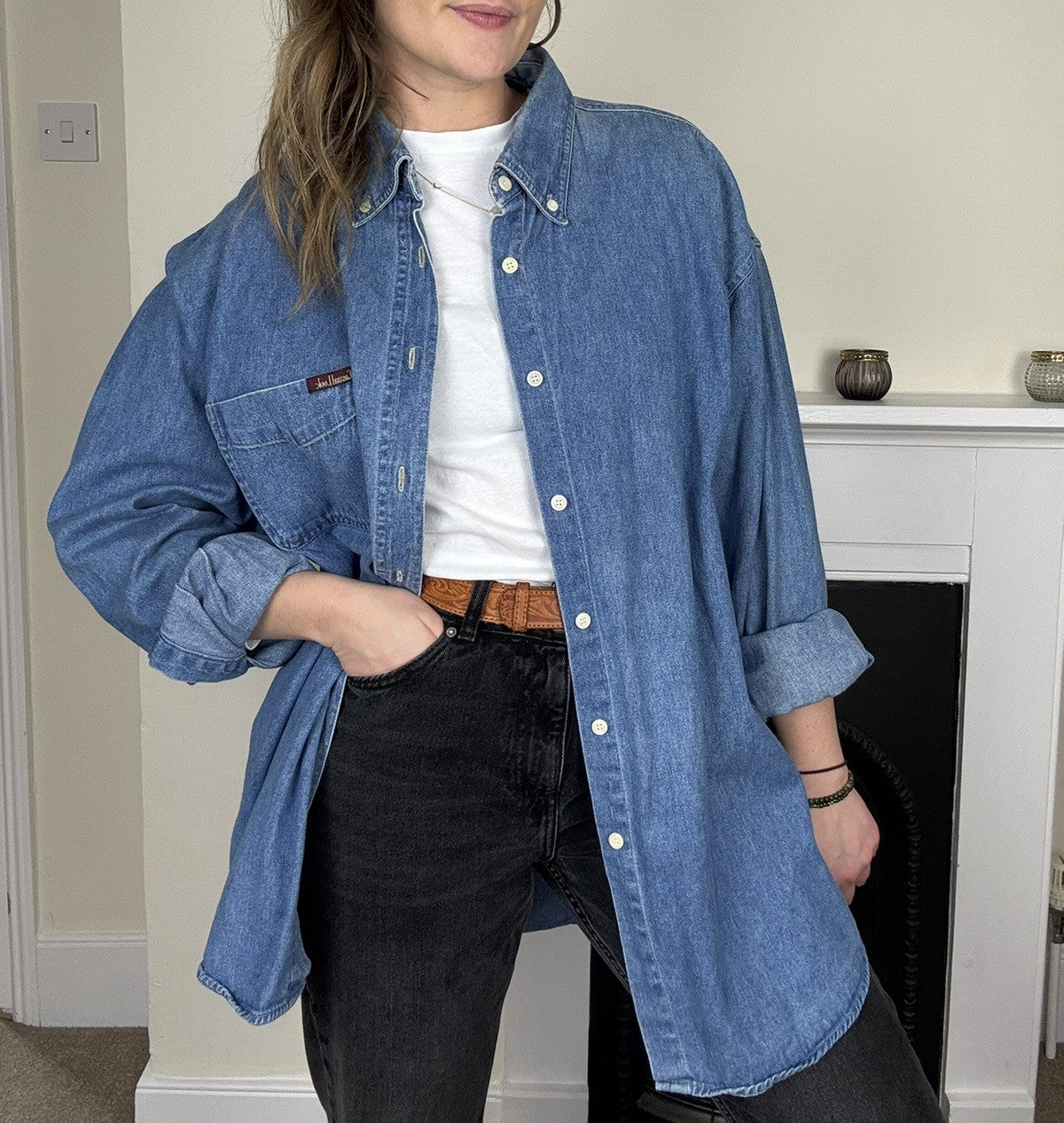 Vintage Size XL 8-18 90s Blue Denim Dad Shirt Casual Look