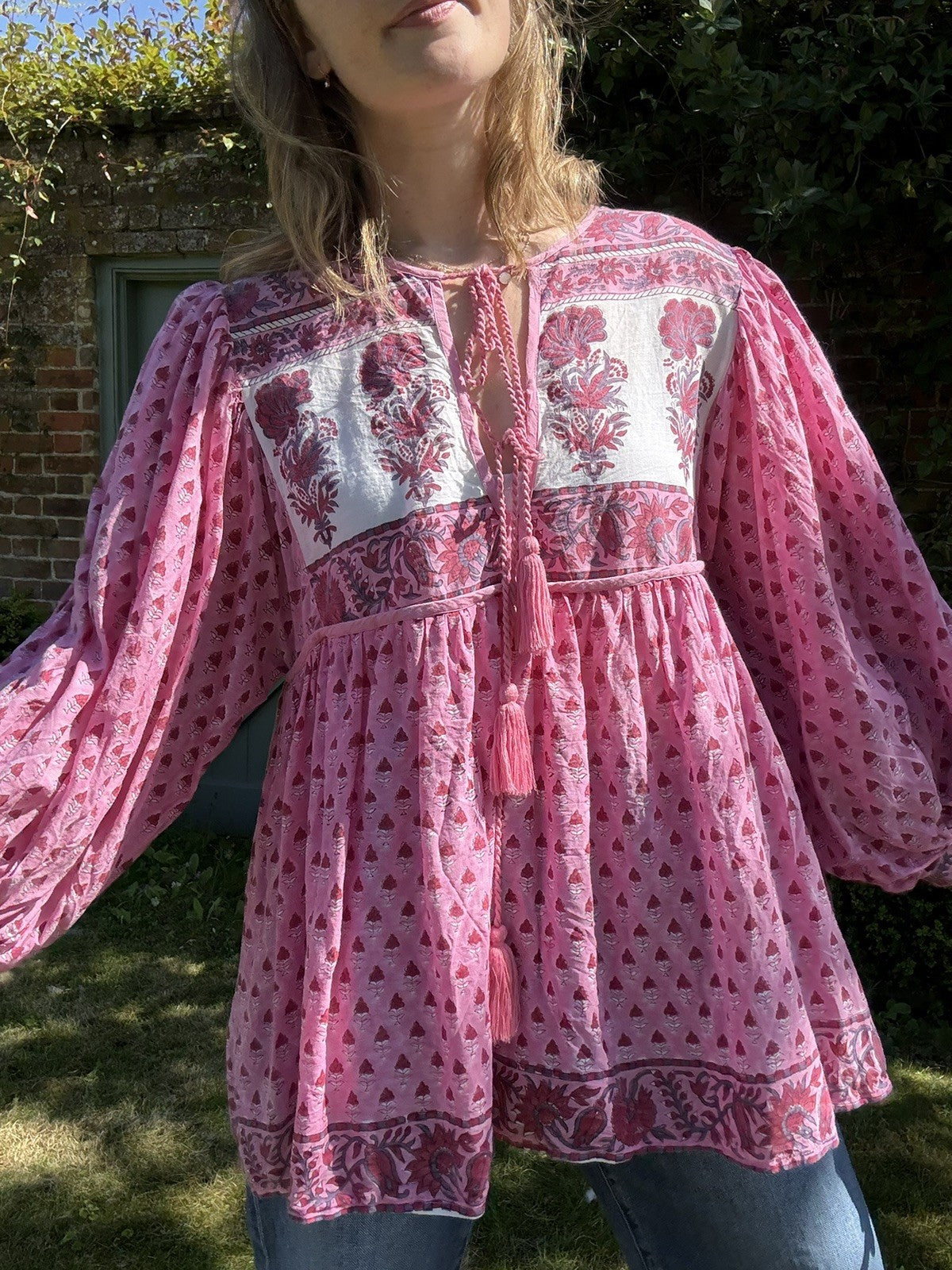 Size 14 Jackie Rani Pink Boho Indian Cotton Block Print Blouse Dilli Grey