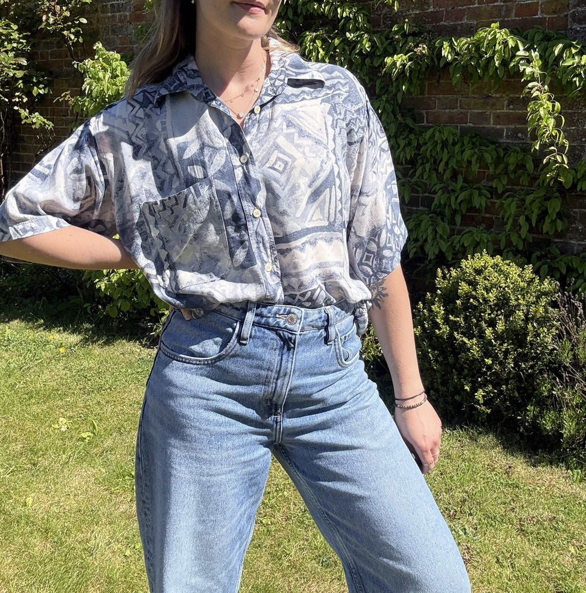 Vintage Size XL 14-18 Blue Funky Patterned Short Sleeve Shirt Bar Harbour