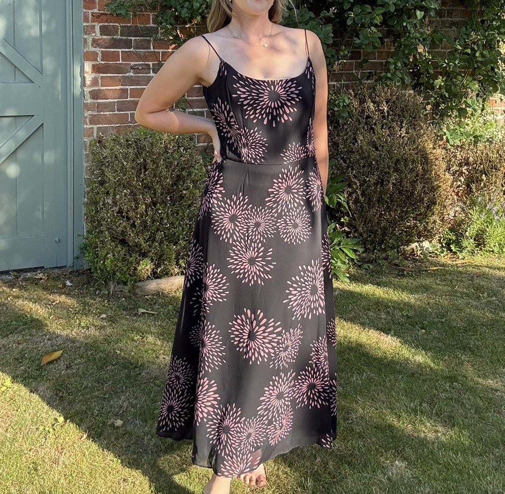 Vintage 90s Size M 12 Black Patterned Strappy Corset Midi Dress Jessica Howard
