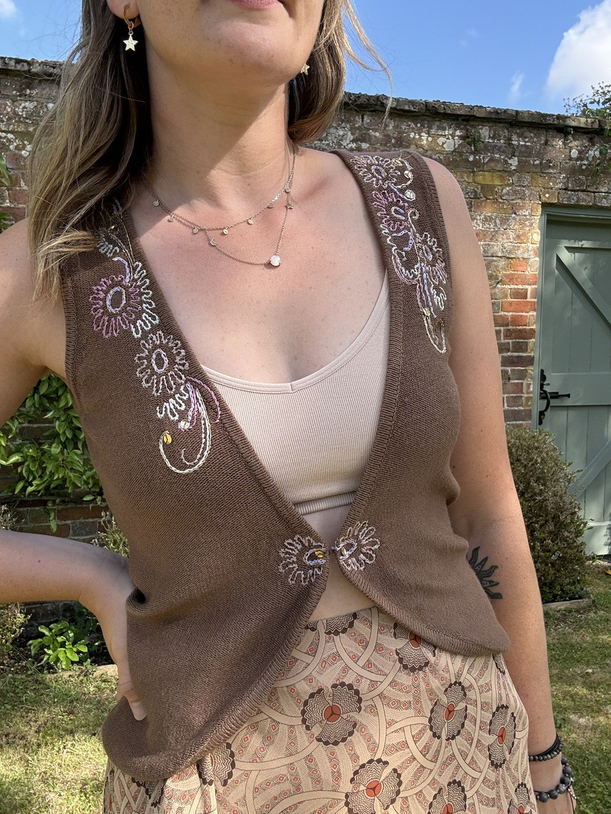 Vintage Size S 6-10 Brown Boho Fairy Embroidered Knit Waistcoat Kaliko