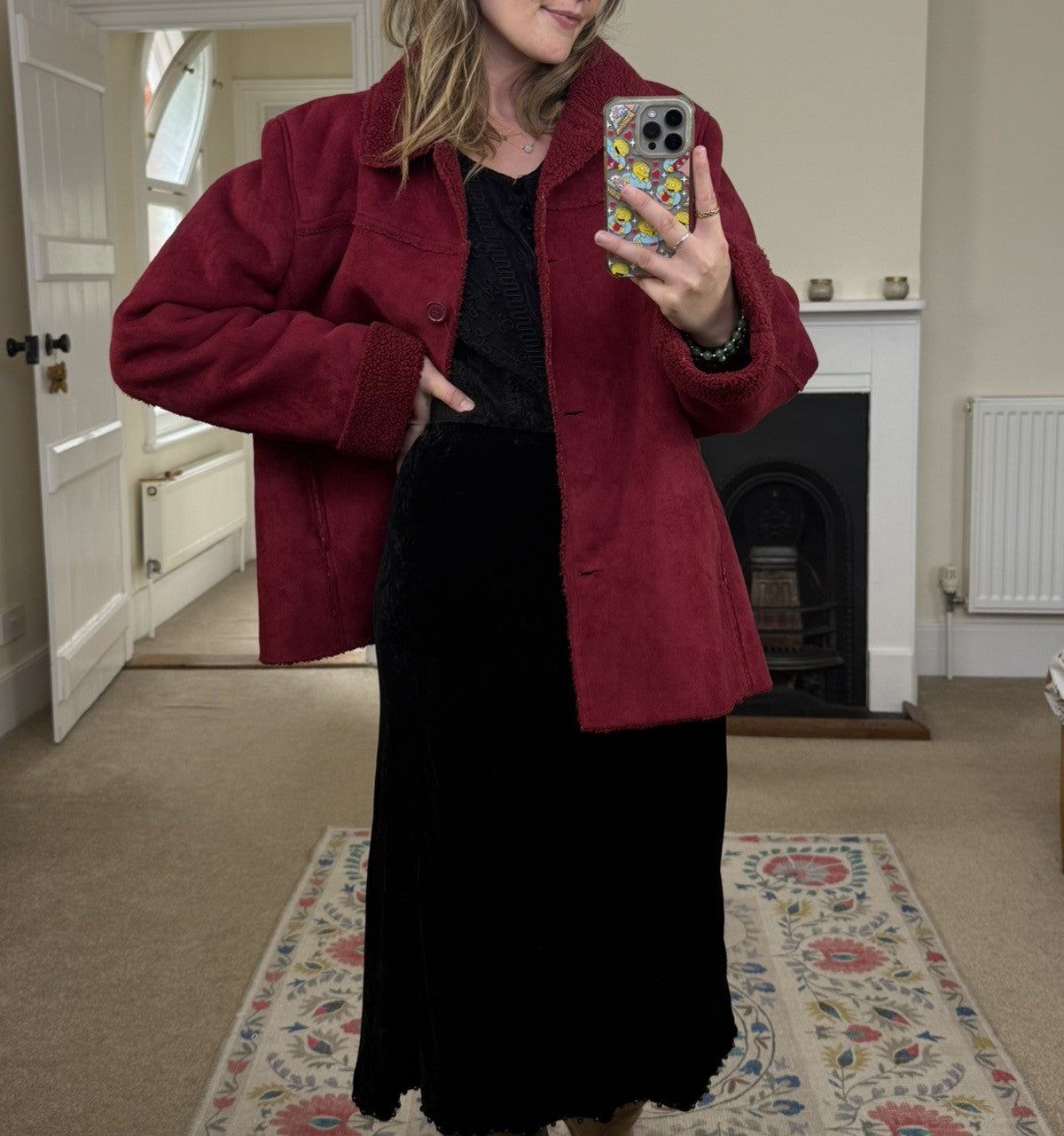 Vintage Size XL 16-20 Red Faux Suede & Shearling Coat by Roman