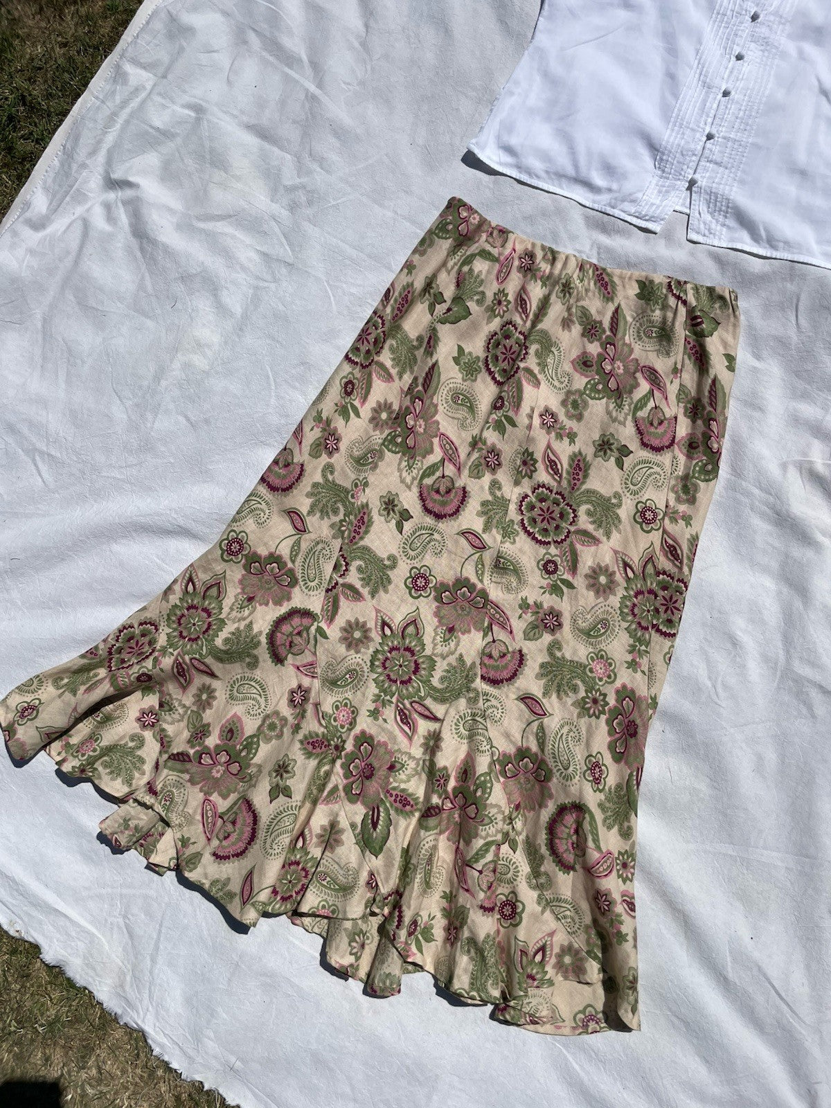 Size XL 14-16 Ecru Boho Floral 100% Linen Midi Skirt