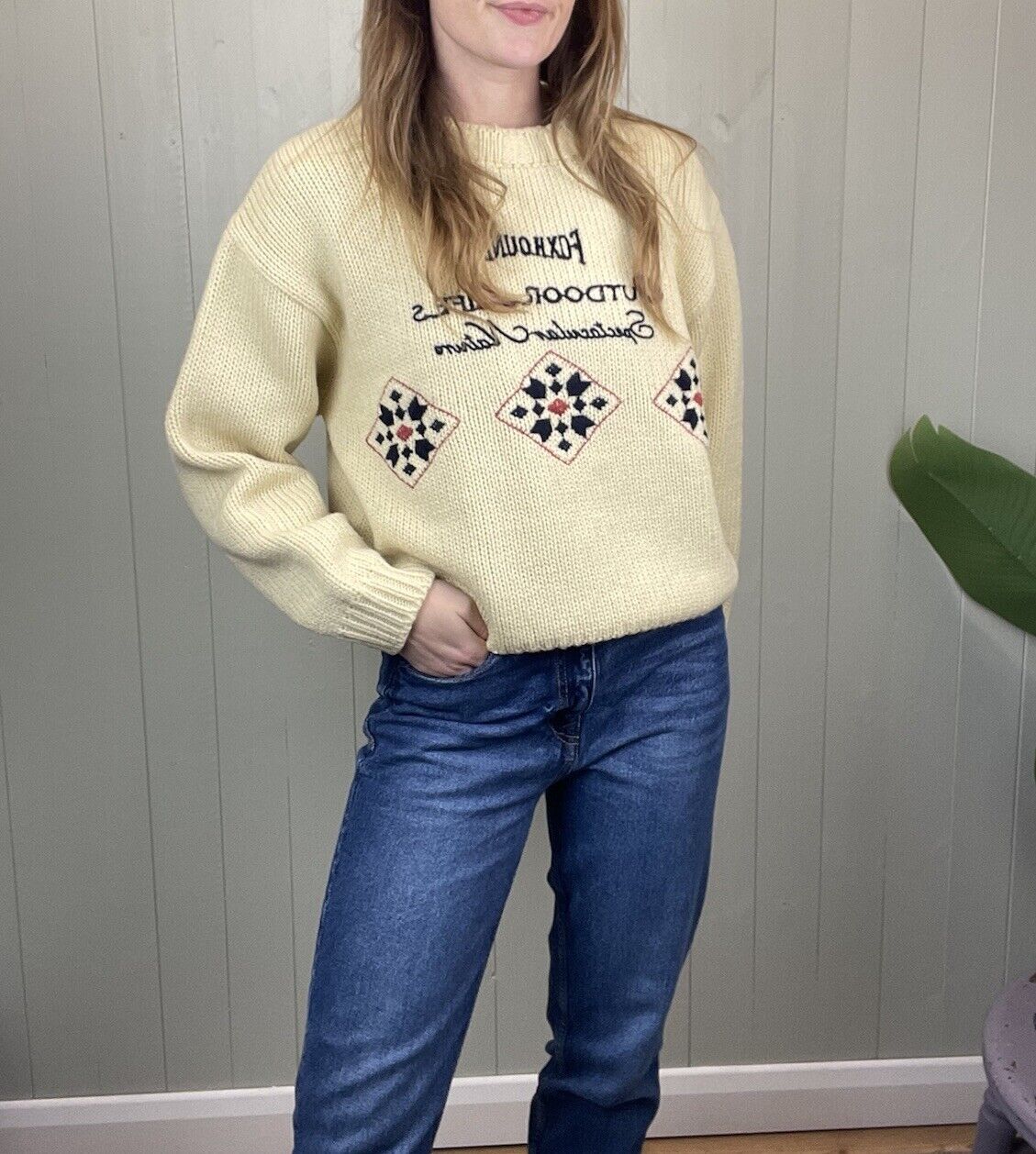 Vintage Size M 8-14 Cream 70% Wool Chunky Knit Embroidered Jumper Foxhound