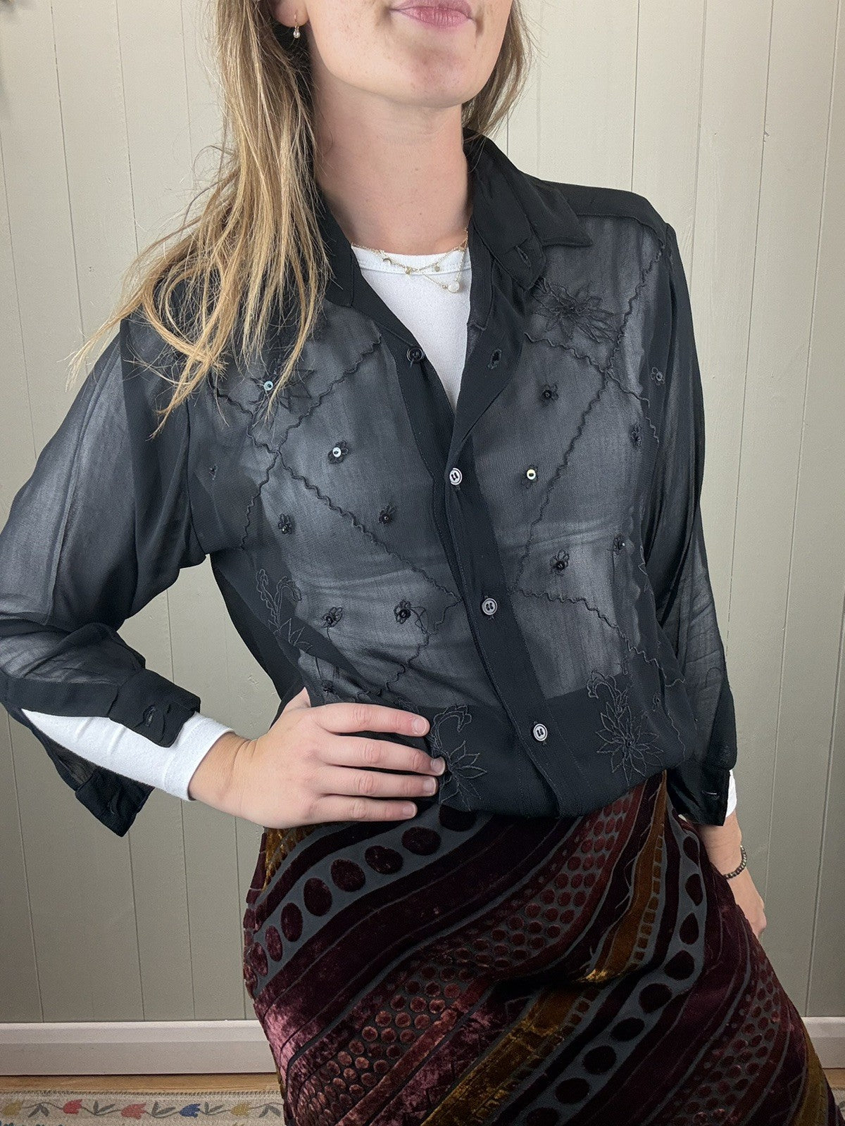 Vintage Size XL 10-16 Black Sheer Embroidered Sequin Shirt Blouse Essentials