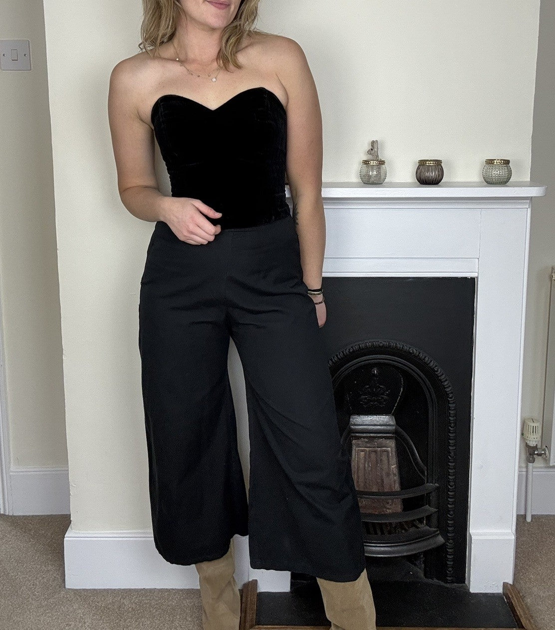 Size S 8-10 Black High Waisted Cropped Wide Leg Trousers C(inch)