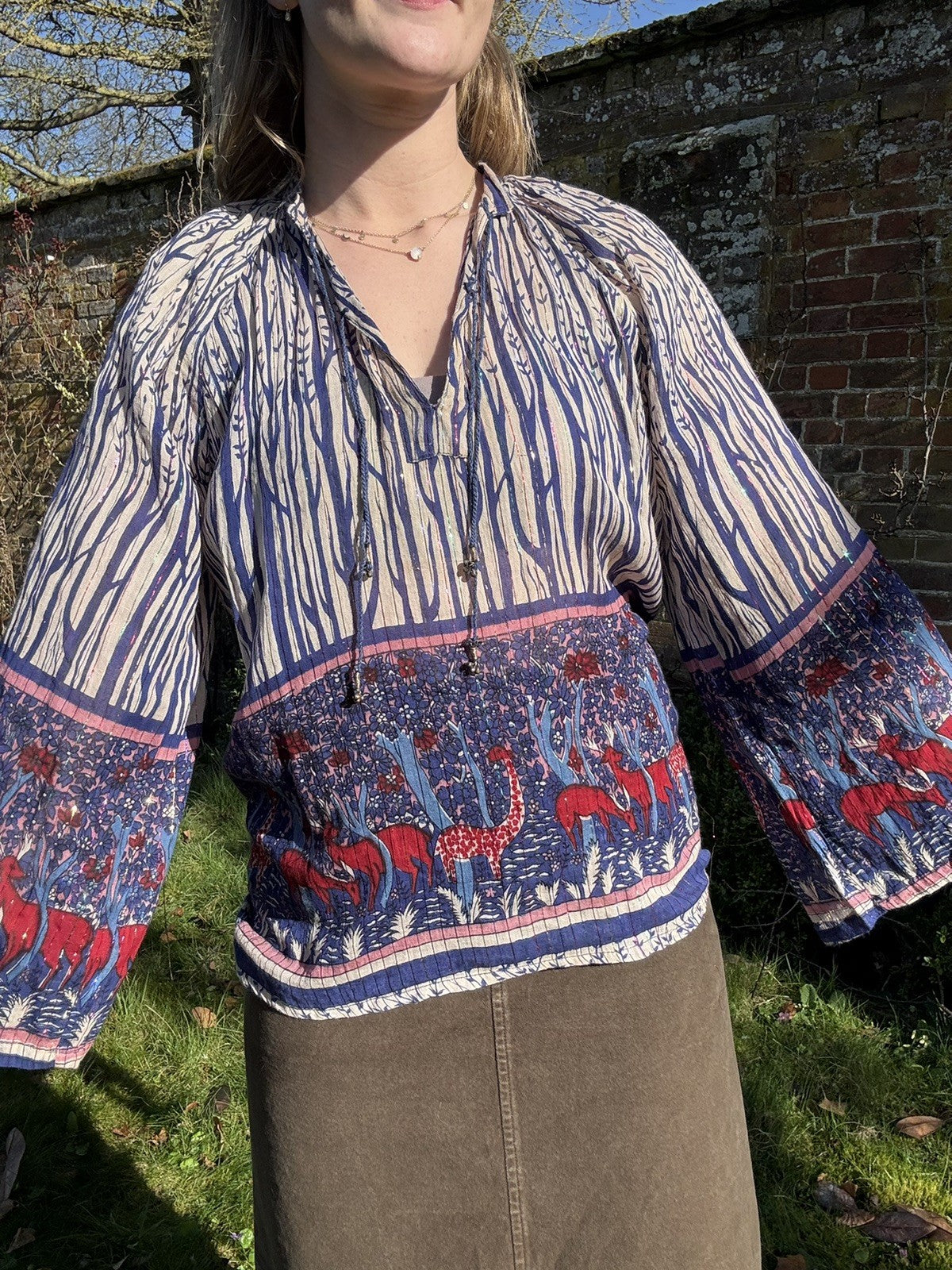 Vintage Size S 6-10 Blue Ethereal 100% Cotton Animal Deer Boho Top