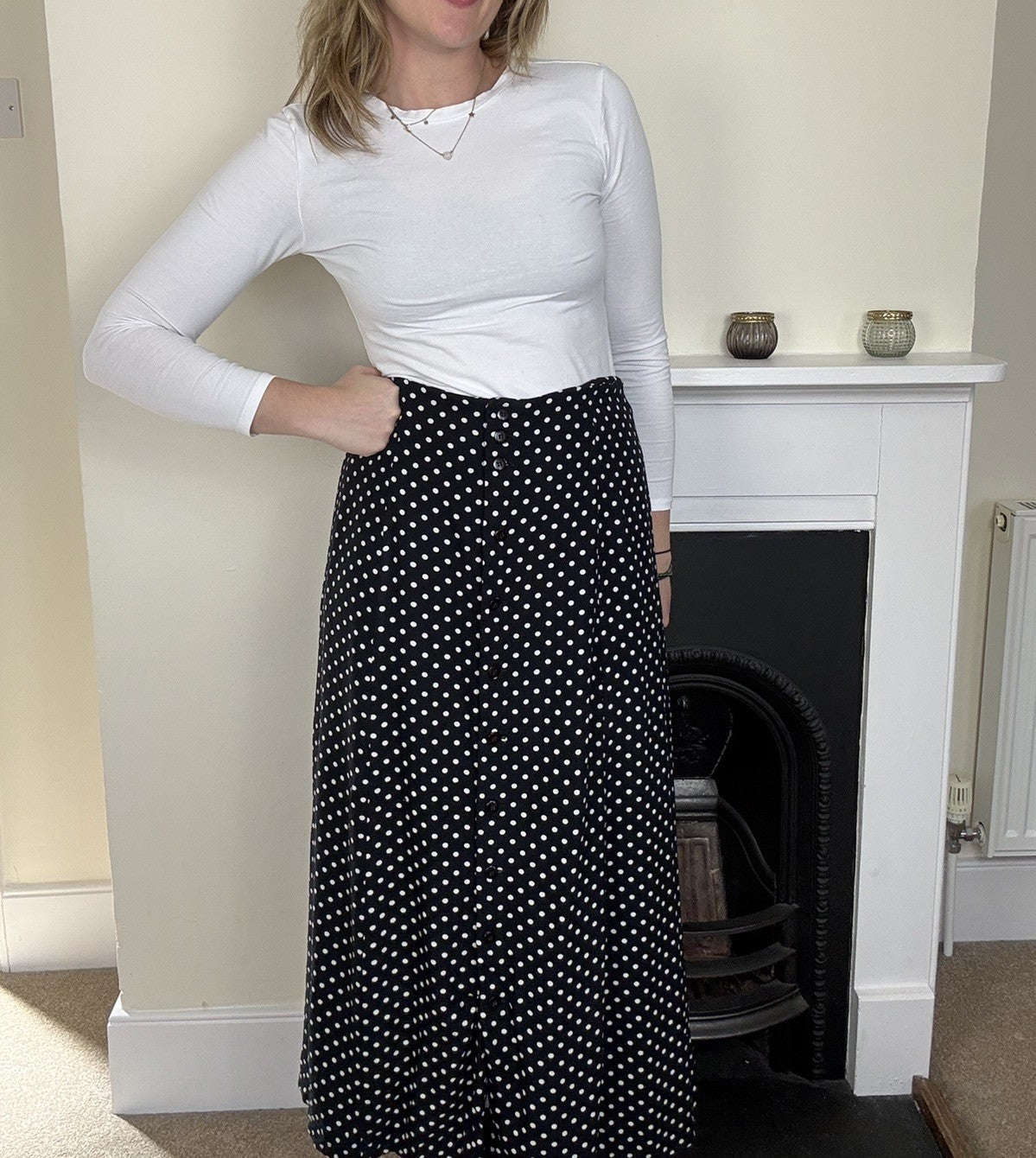 Vintage Size M 10-12 Black Polka Dor Midi Maxi Skirt Adini