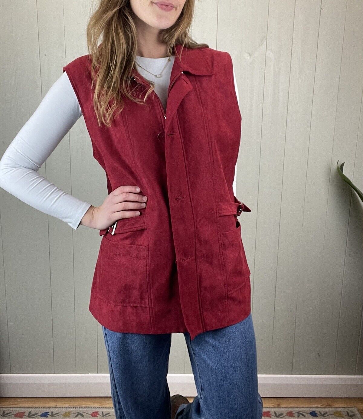 Size L 12-14 Red Faux Suede Gilet Waistcoat