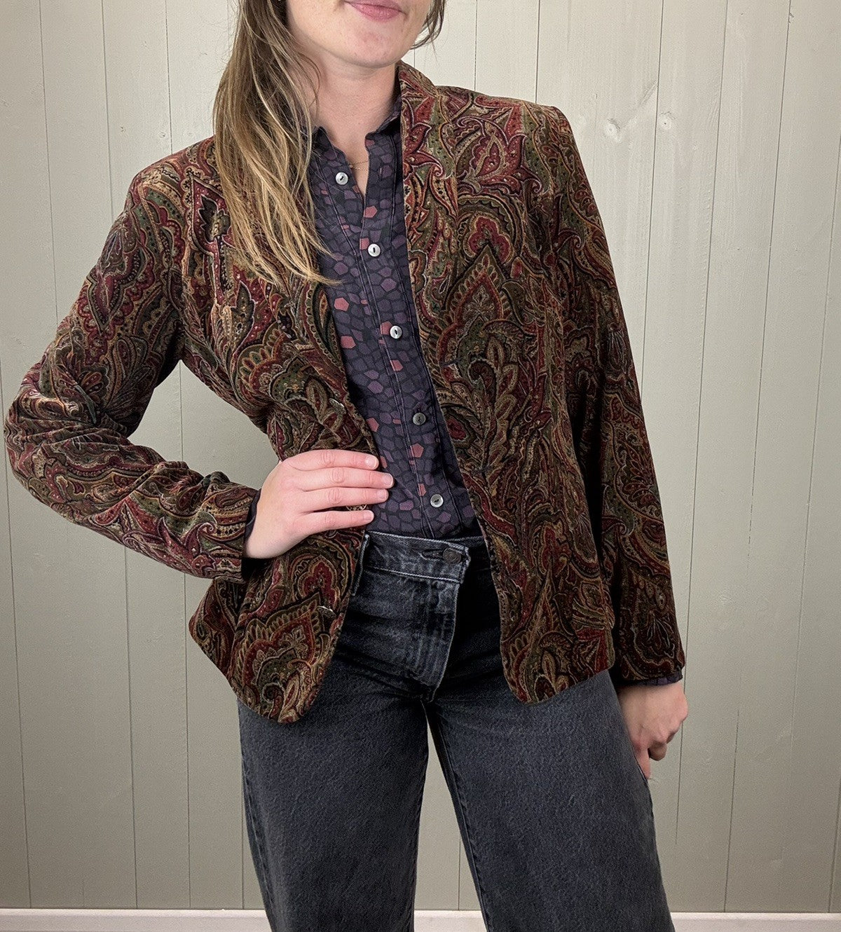 Vintage Size S 8-10 Brown Earthy Boho Paisley Velvet Blazer Twilight Monsoon