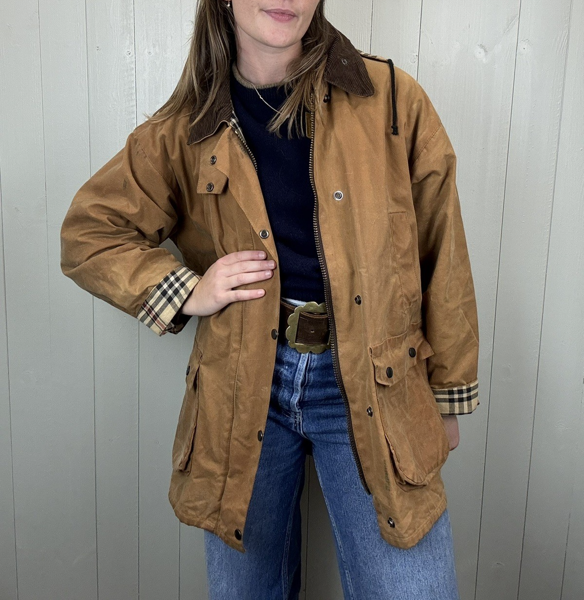 Vintage M 6-12 Light Brown Hooded Waxed Cotton Barn Jacket Panda Lime