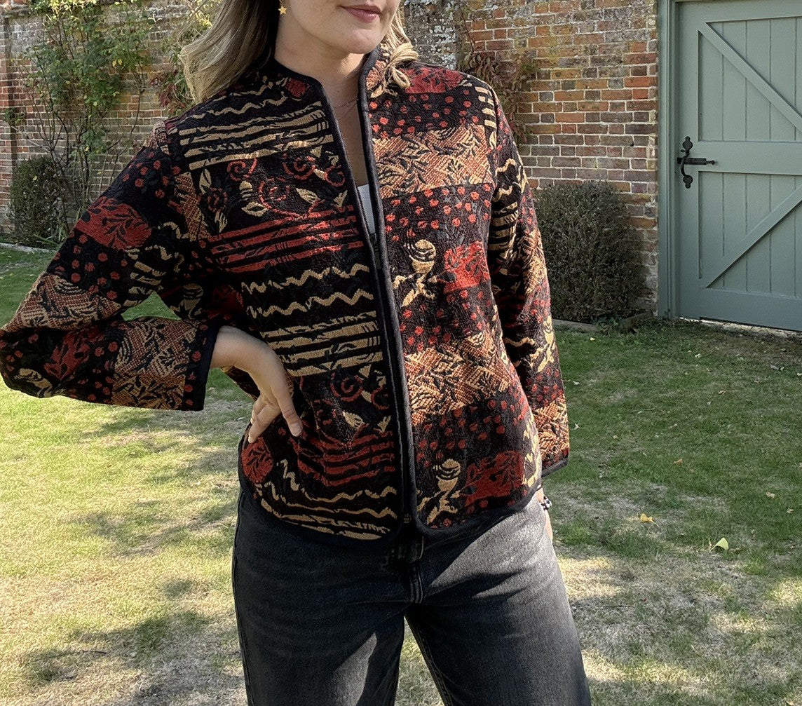 Vintage Size M 8-12 Autumnal Black Boho Patchwork Tapestry Jacket Studio Works