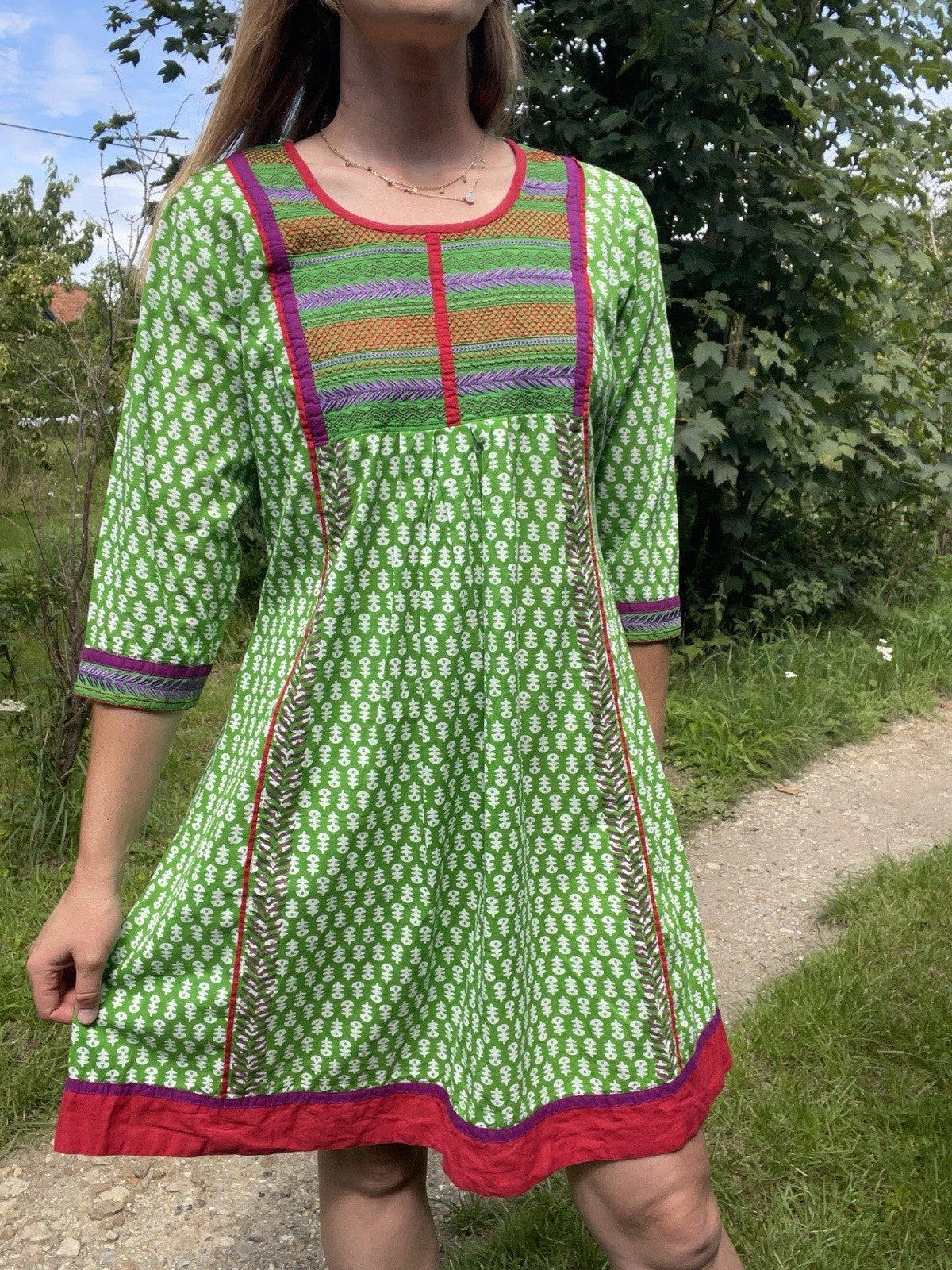 Size M 8-12 Green Block Print Boho Embroidered Cotton Dress