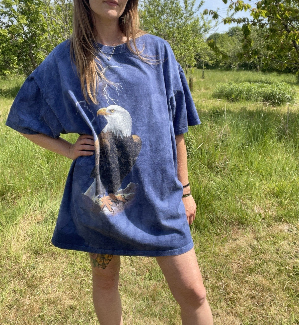 Vintage Size XXL 16-24 Blue Tie Dye Lightning Eagle The Mountain Cotton T-Shirt