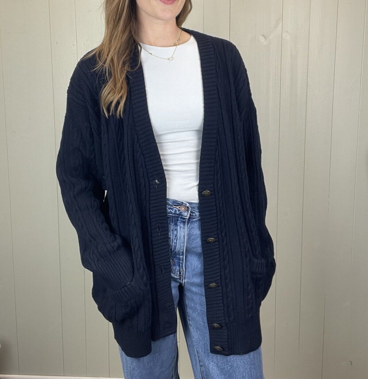 Vintage Size XL 12-18 Navy Merino Blend Cable Knit Cardigan Angus & Sons Ltd
