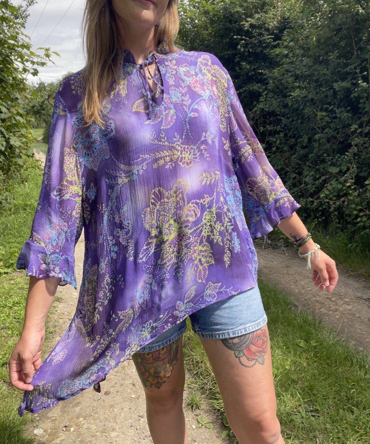 Vintage 90s Size 3XL 16-22 Whimsical Boho Purple Flared Sleeve Top Penny Plain