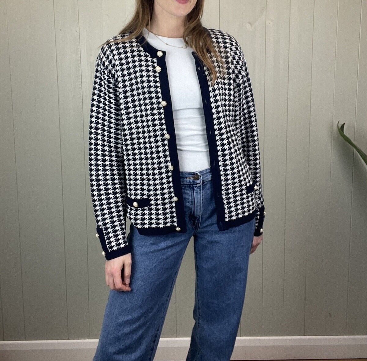 90s Size L 12-14 Navy Houndstooth Knit Cardigan St Michael