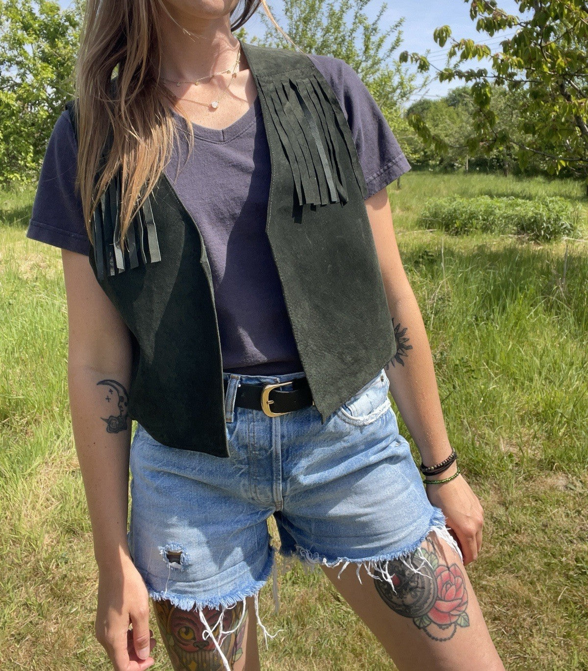 Vintage Size S 8-12 Dark Green Genuine Suede Fringed Leather Waistcoat
