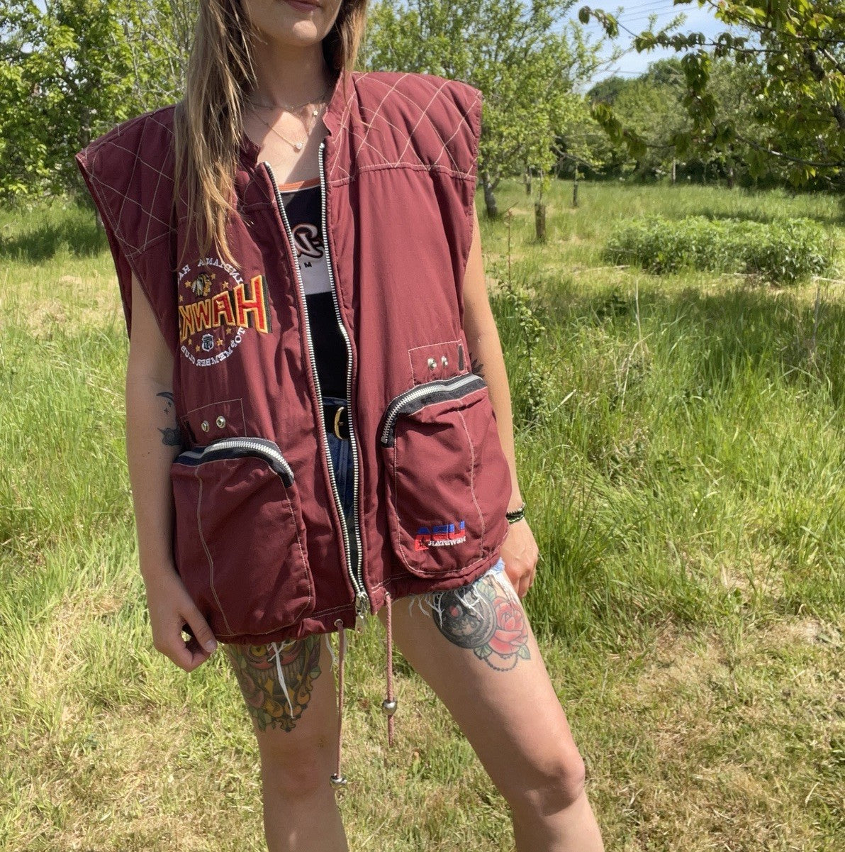 Vintage Size 3XL 20-26 Burgundy Hawks Embroidered Padded Gilet