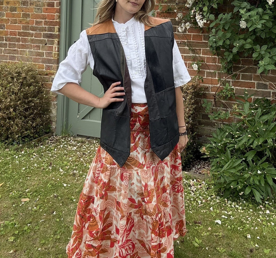 Vintage Size XL 14-18 Black & Brown Leather Patchwork Waistcoat