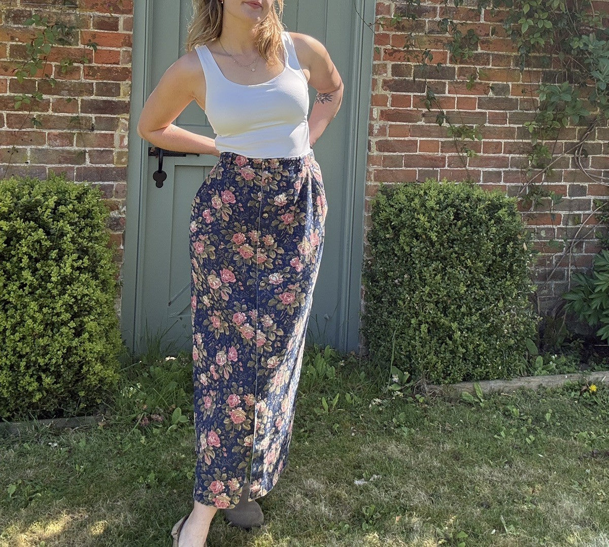 Vintage Size M 10-12 Blue Denim Floral Button Front Midi Skirt Orvis