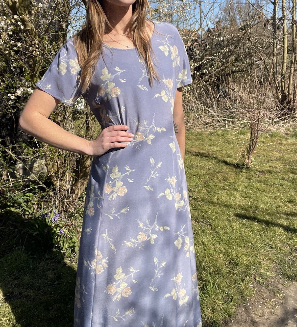Vintage Size 12 Powder Blue Romantic Floral Midi Dress Laura Ashley