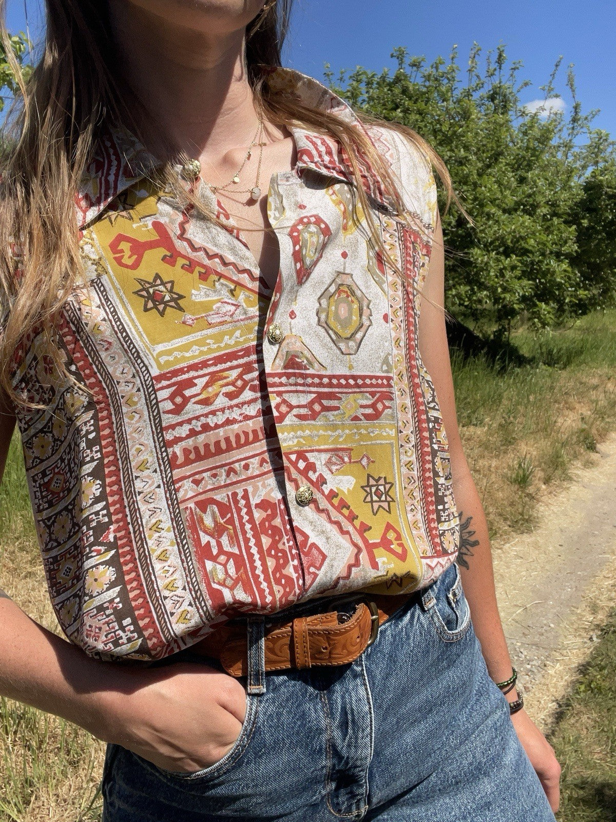 Vintage Size L 12-16 Boho Patterned Sleeveless Summer Top Moda Okay