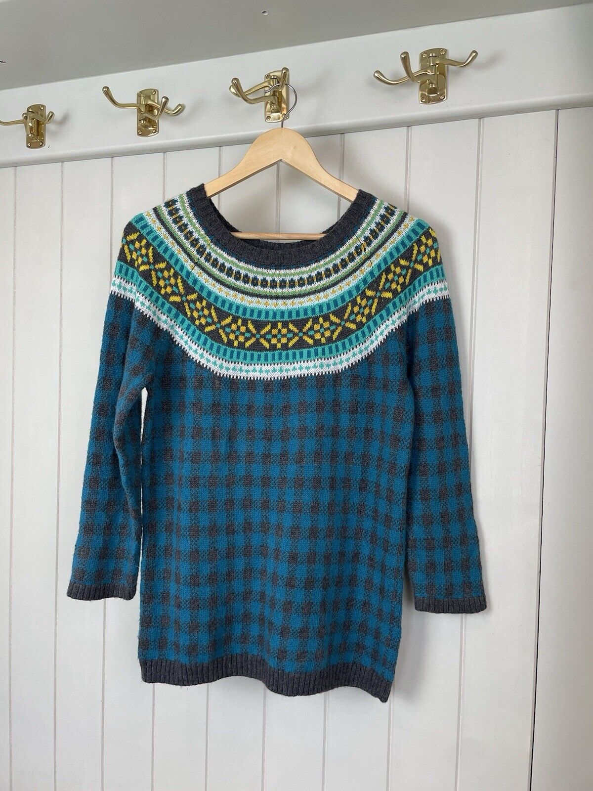 Vintage Size M 8-12 Teal Blue Fair Isle Check Knit Yoke Jumper Talbots