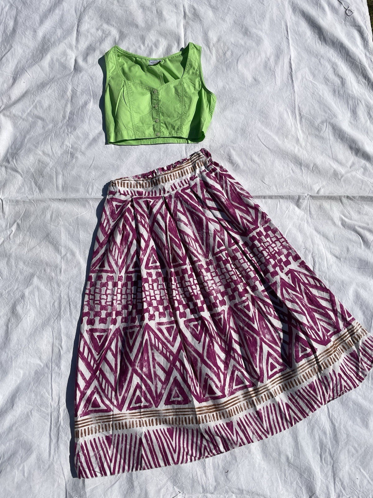 Vintage Size M 10-14 Pink Bohemian Patterned Cotton Midi Skirt