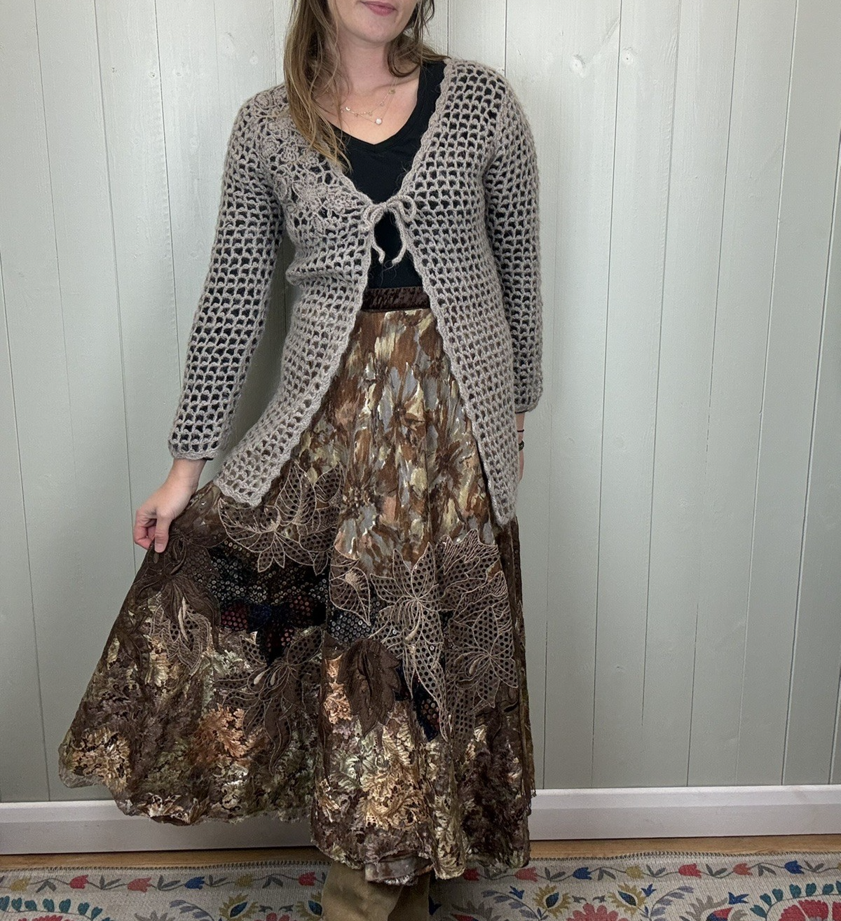 Size S 6-10 Taupe Grey Beaded Wool Blend Open Knit Boho Cardigan 2000s Zara