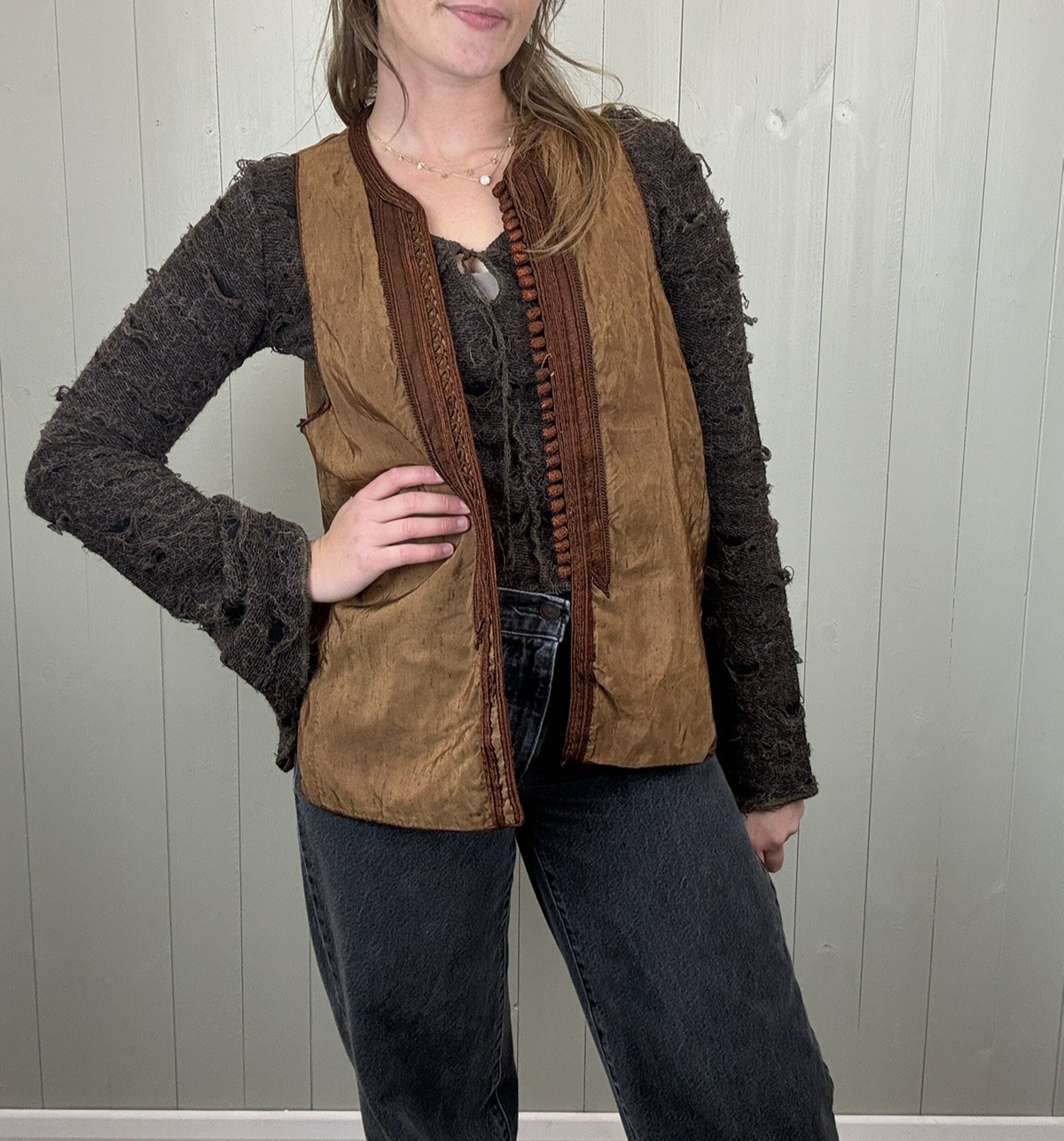 Vintage 70s Size L 10-14 Brown Orange Indian Silk Reversible Waistcoat