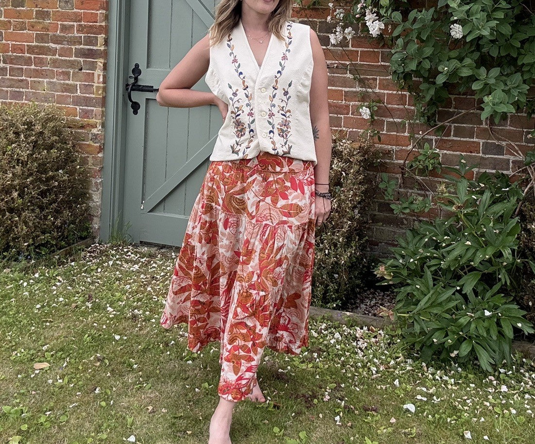 Vintage Size 12 Orange Boho Floral Cotton Tiered Gypsy Skirt Essential Style