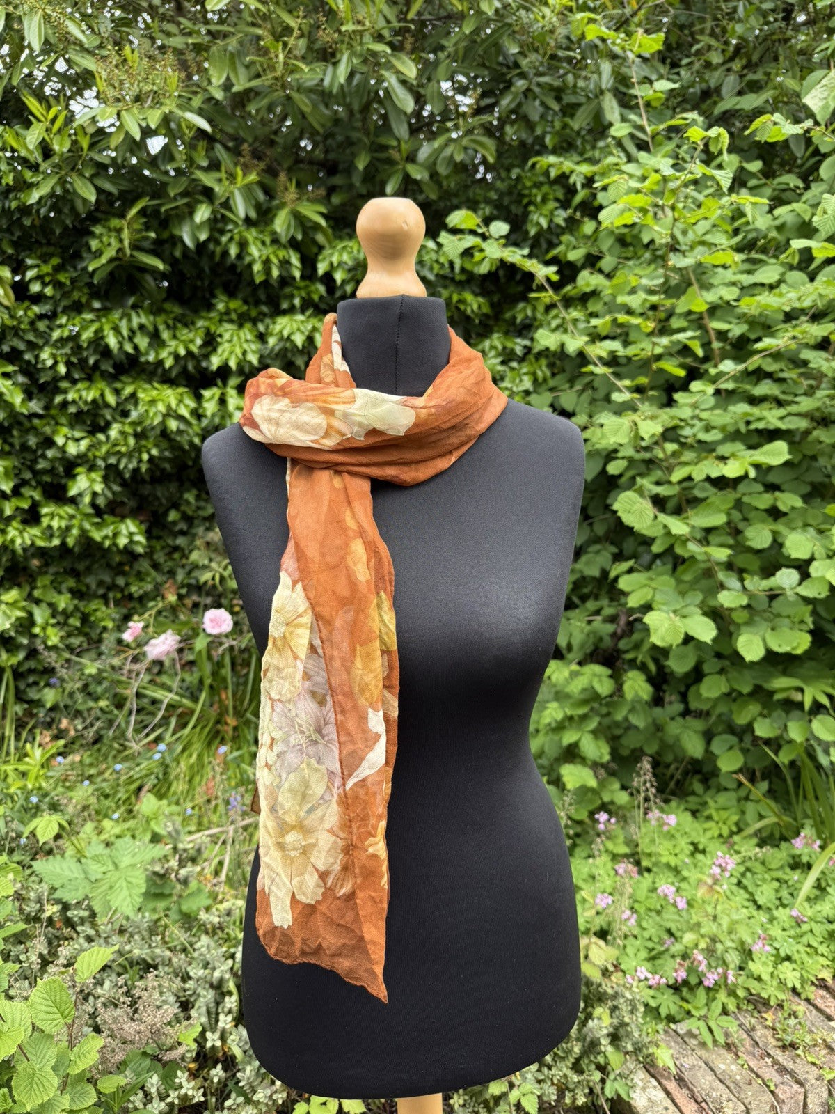 Vintage Rust Brown Whimsical Floral 100% Silk Scarf Marina D'este