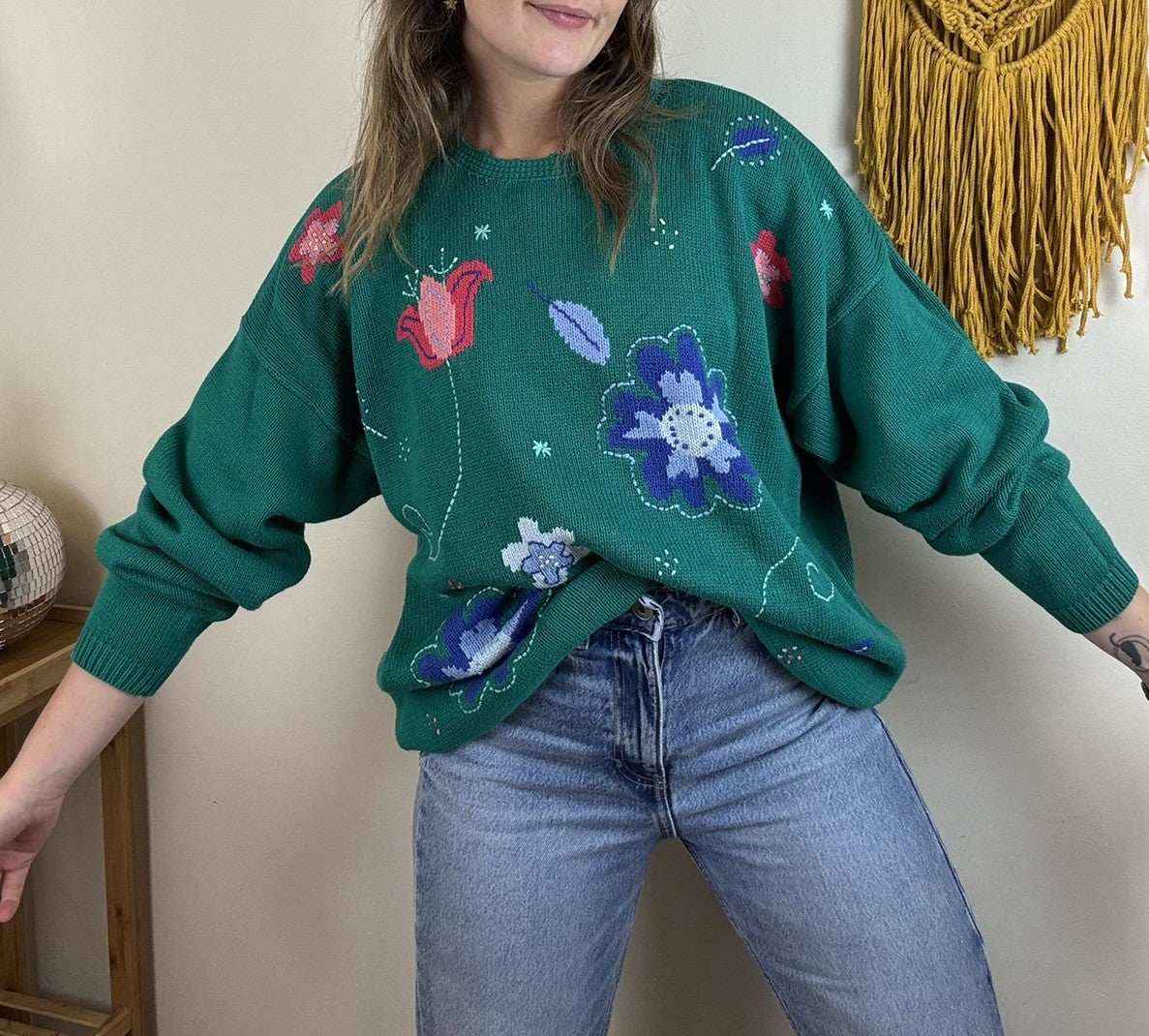 Vintage Size XXL 16-20 Teal Green Flower Embroidered Knit Jumper Tulchan
