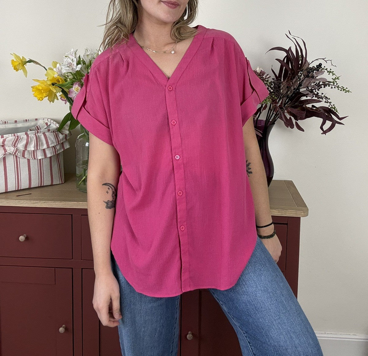 Vintage 80s Size XL 14-16 Pink Short Sleeve Crepe Summer Top Debenhams