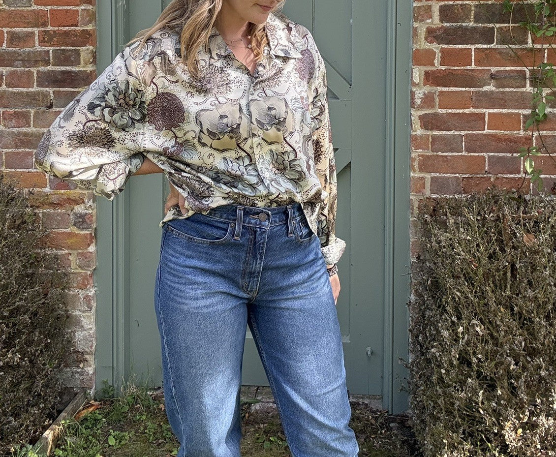 Vintage Size XL 18-22 Cottage Floral Silk Satin Shirt Cotswold Collections