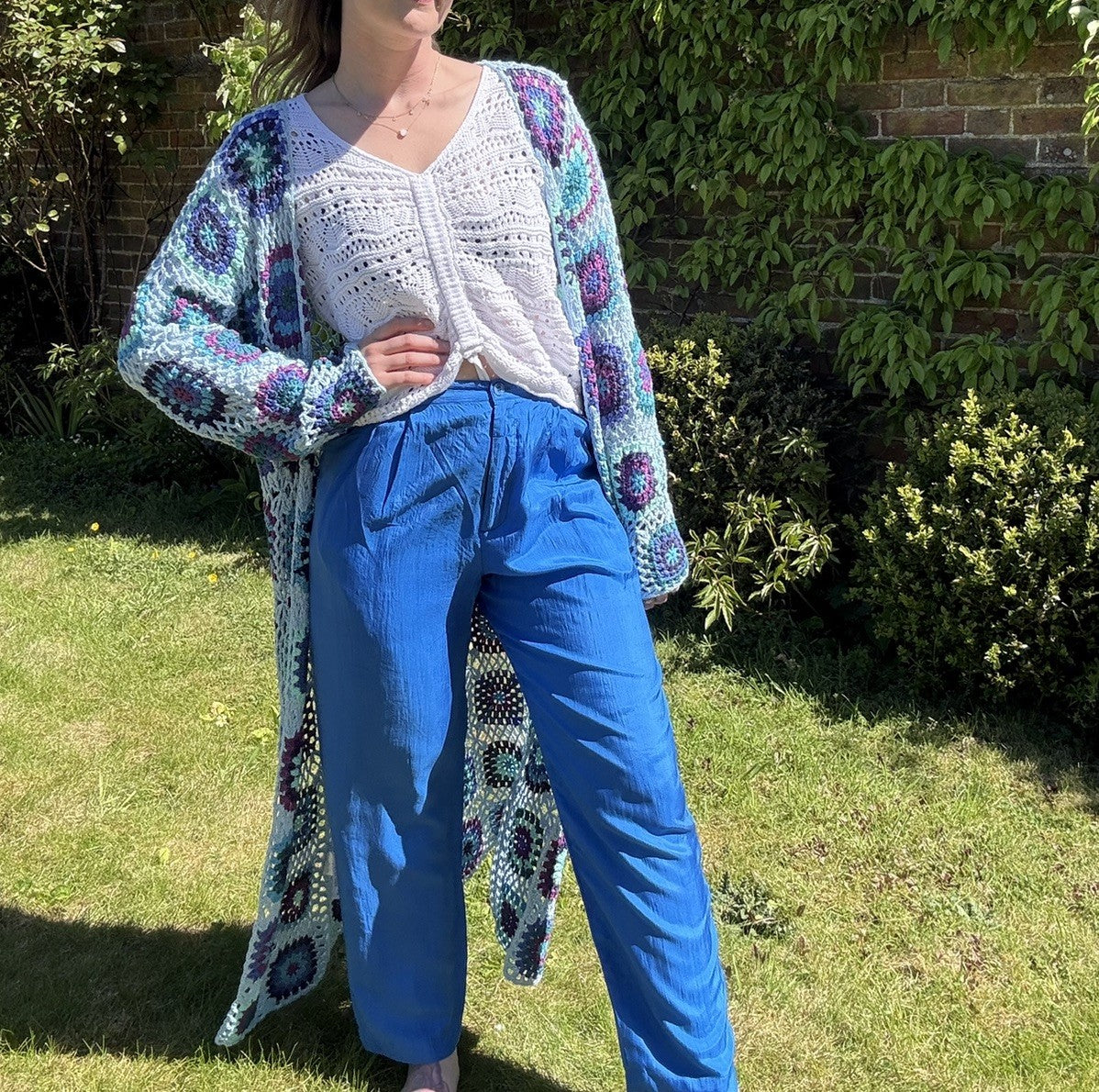 Free Size 8-20 Blue Crochet Granny Square Longline Cardigan Joe Browns