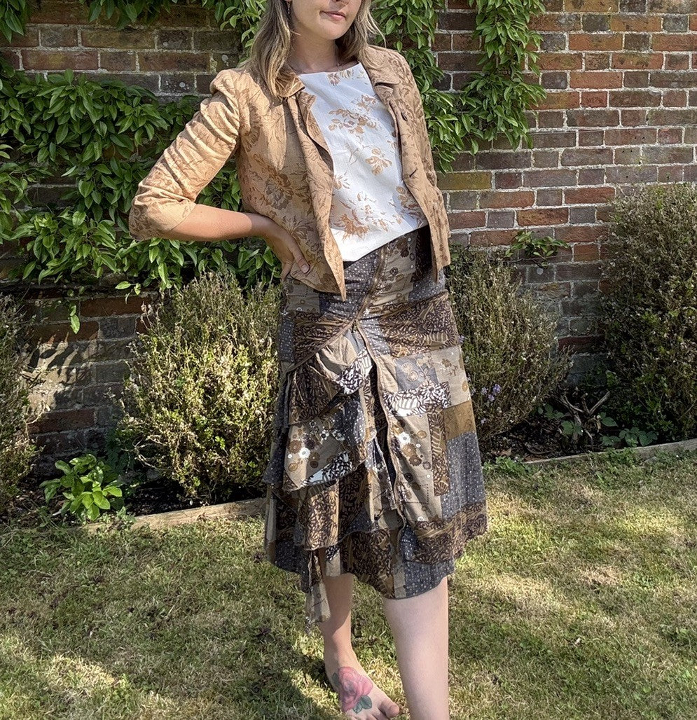 Size 8 Earthy Boho Brown Patchwork Print Ruffle Cotton Midi Skirt Sandwich