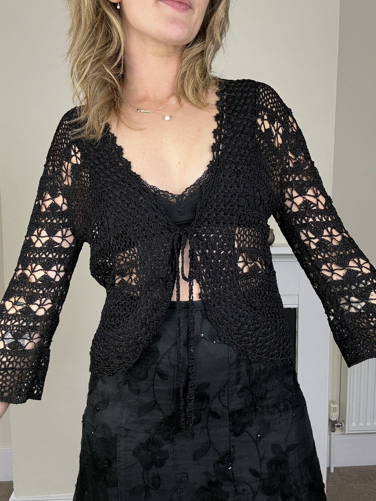 Vintage Size M 8-14 Black Crochet Lace Whimsical Cardigan Kello