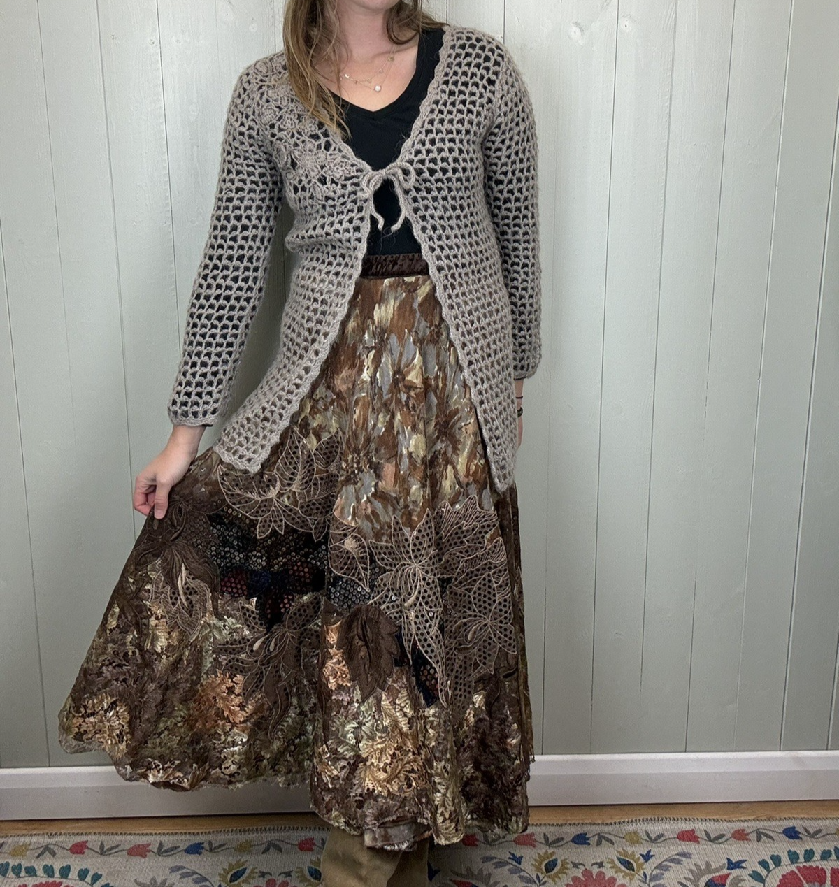 Vintage Size L 10-16 Brown Earthy Fairy Whimsical Wool Blend Midi Skirt Natasa