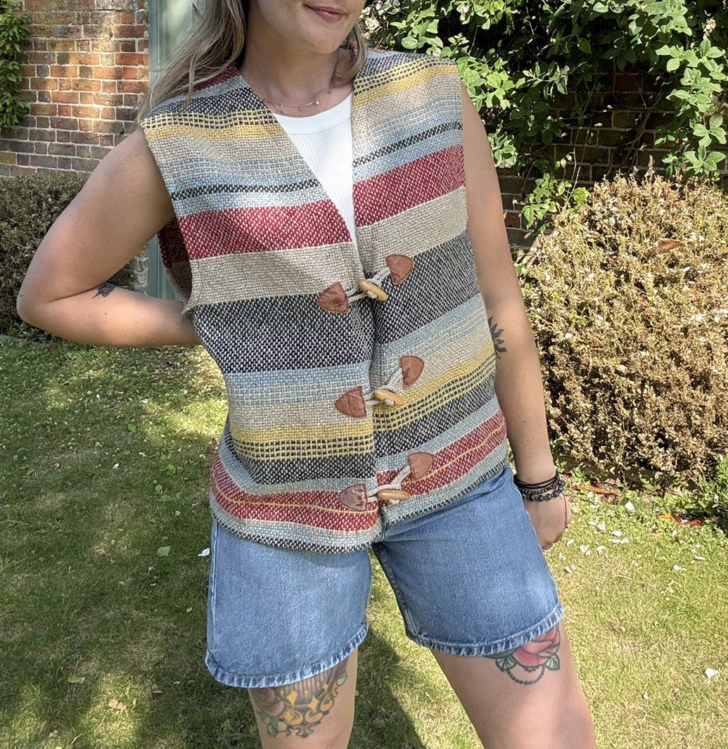 Vintage Size L 12-16 Boho Hippy Multicolour Striped Woven Waistcoat