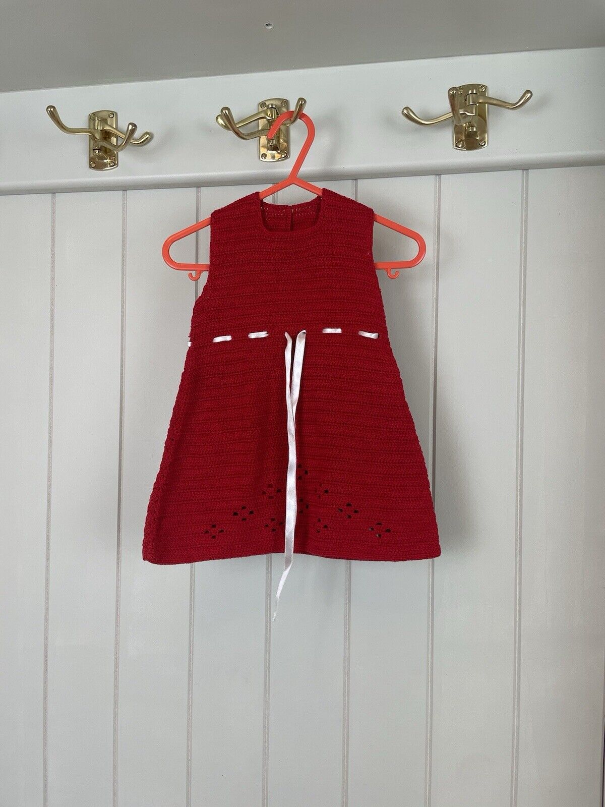 Vintage Handmade 3-6 Months Red Crochet Knit Ribbon Dress