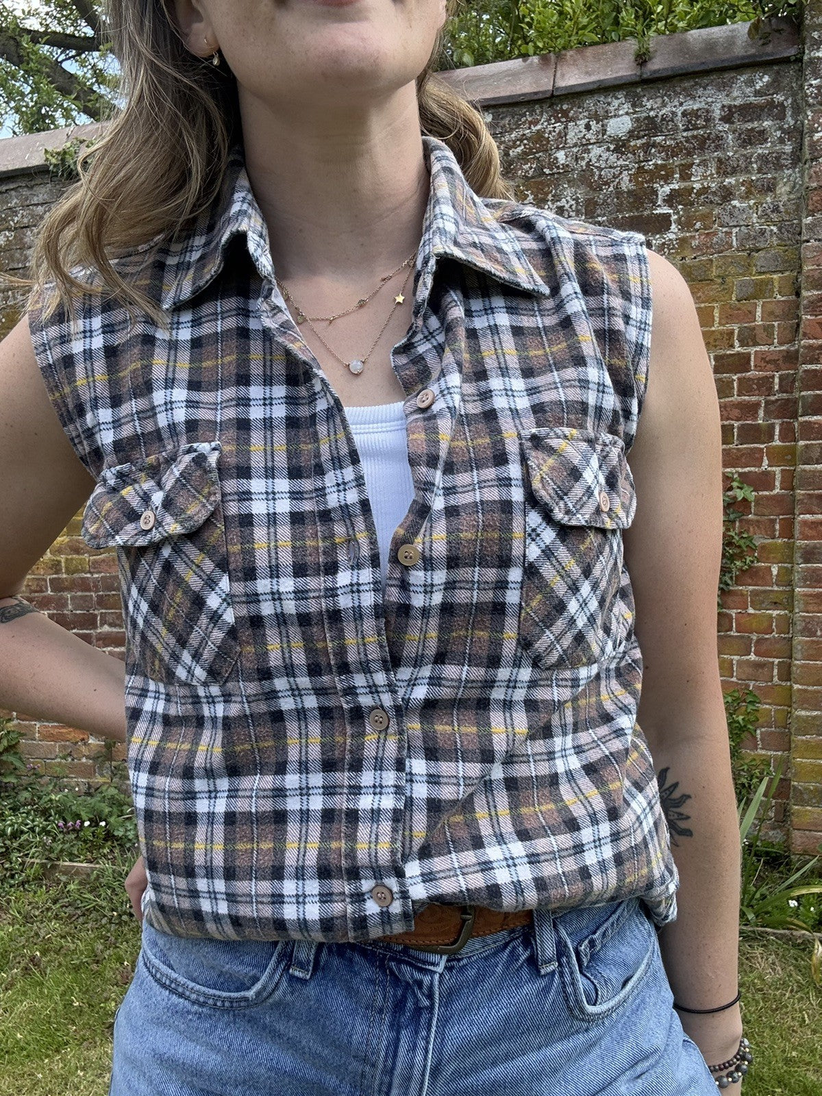 Vintage Size S 8-10 Brown Sleeveless Check Shirt Friendship