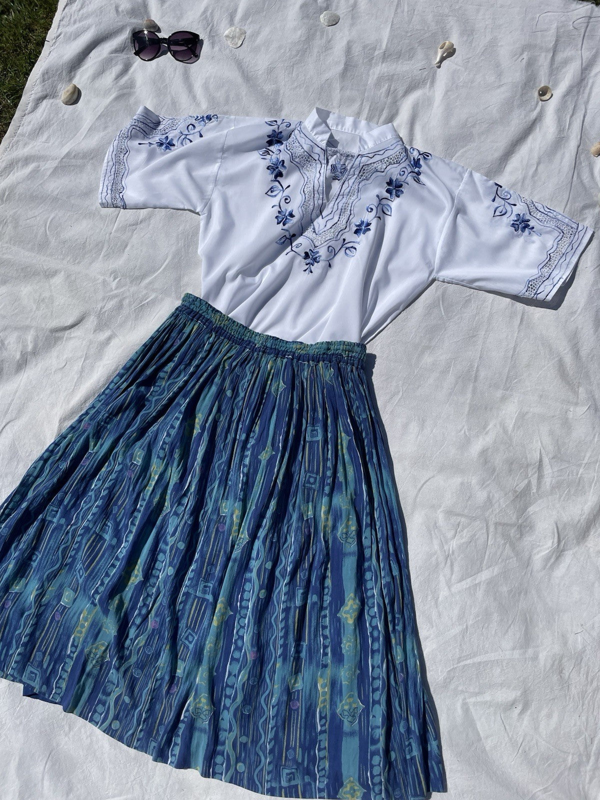 Vintage Size 3XL 16-22 Blue Boho Hippy Pattenered Midi Skirt