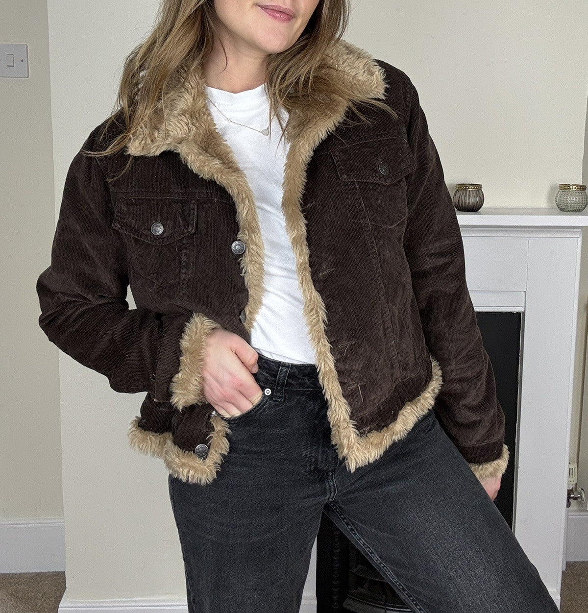 Vintage Size S 6-10 90s Brown Corduroy Faux Shearling Jacket A Design