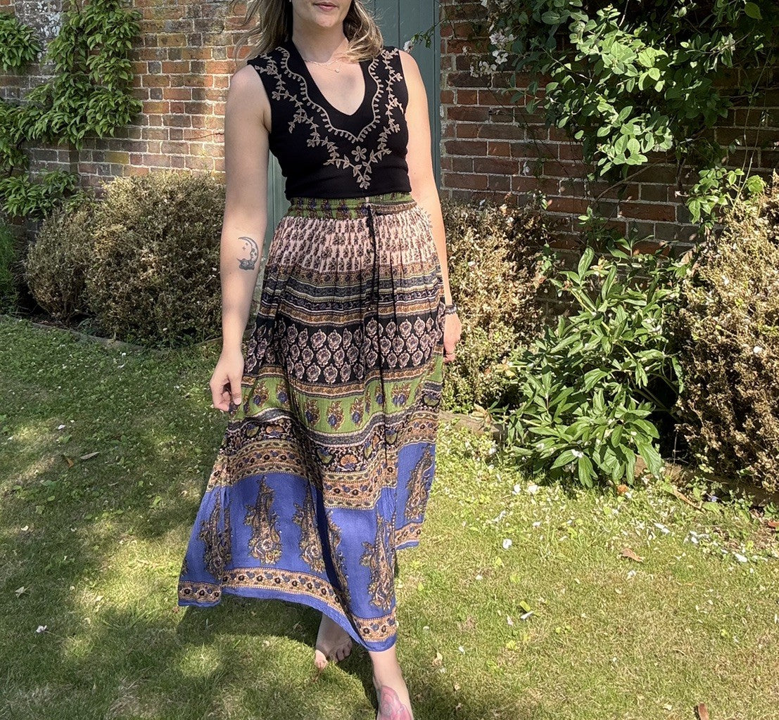Vintage Free Size 6-14 Green Boho Patterned Floaty Midi Skirt