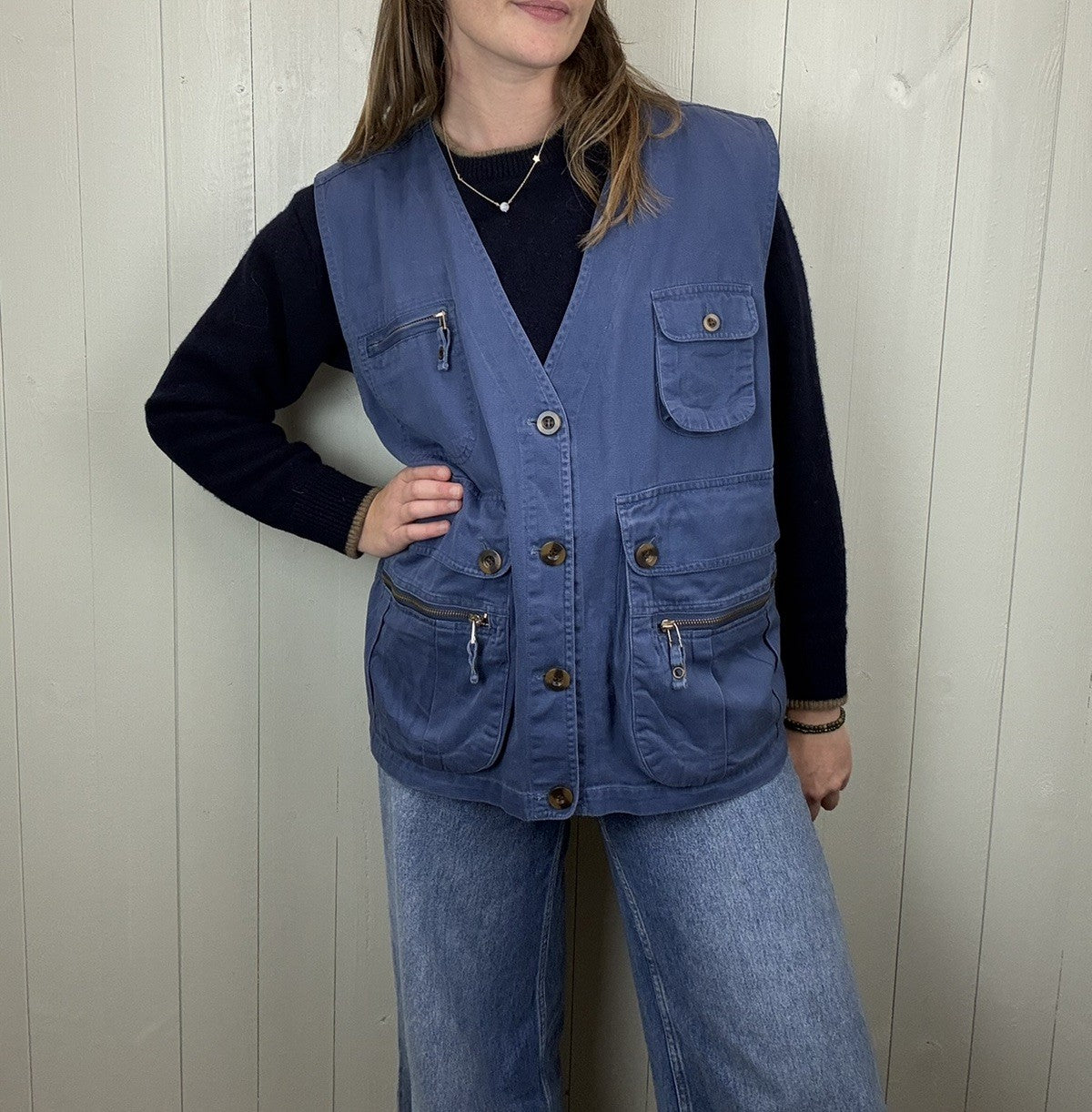 Vintage Size XL 14-16 Navy Blue Cotton Utility Vest Waistcoat Concept