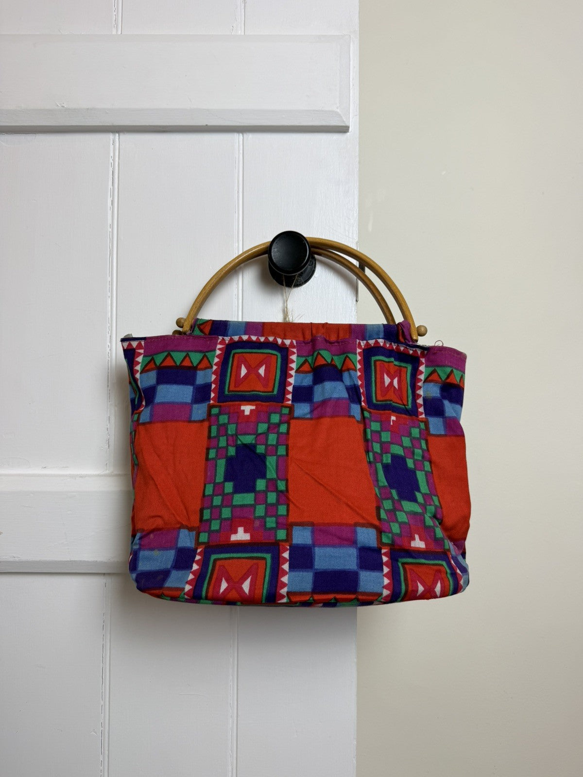 Vintage Handmade Red Patterned Wooden Handle Bag