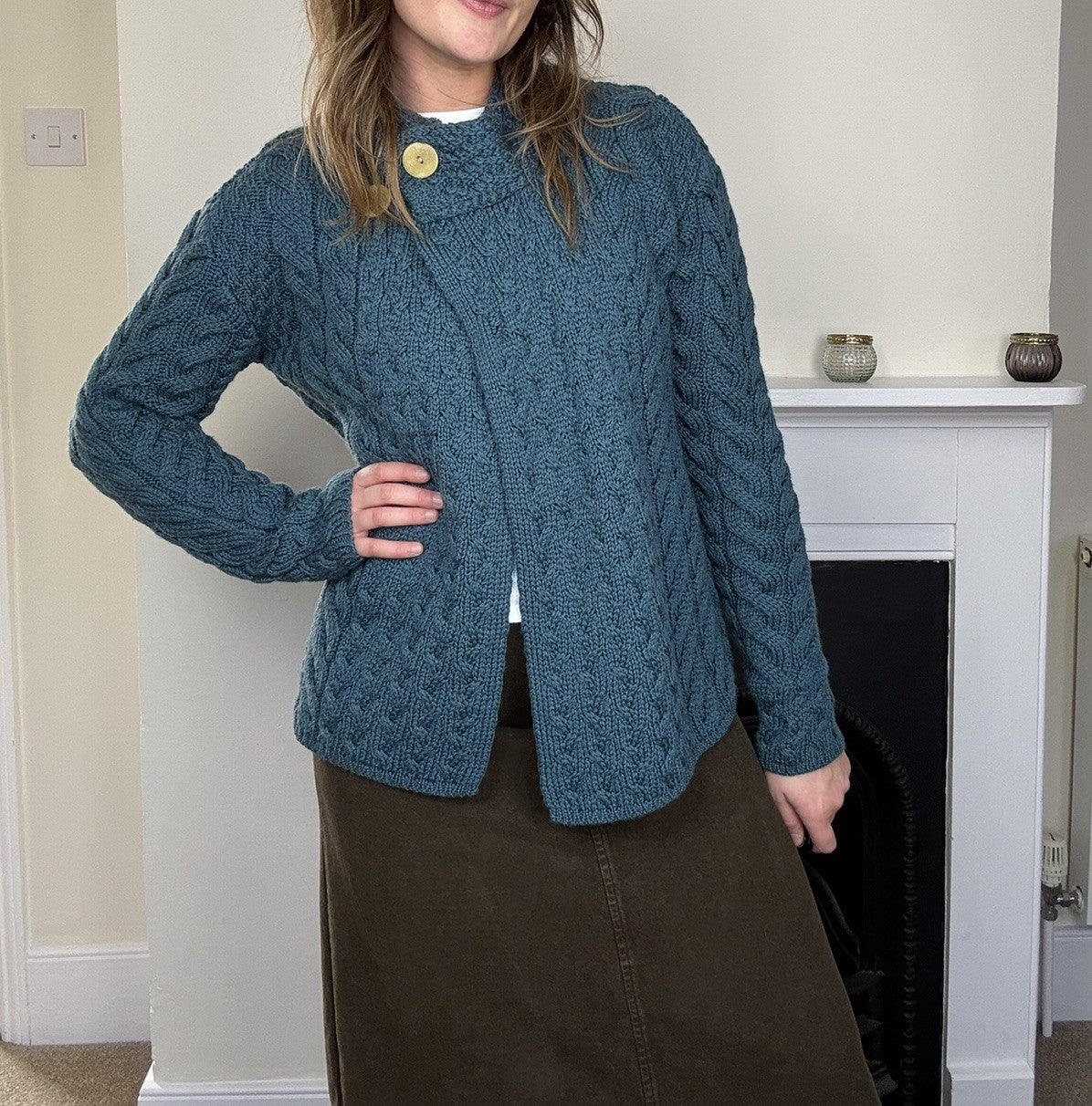 Size S 6-12 Teal Blue 100% Merino Wool Irish Aran Knit Cardigan